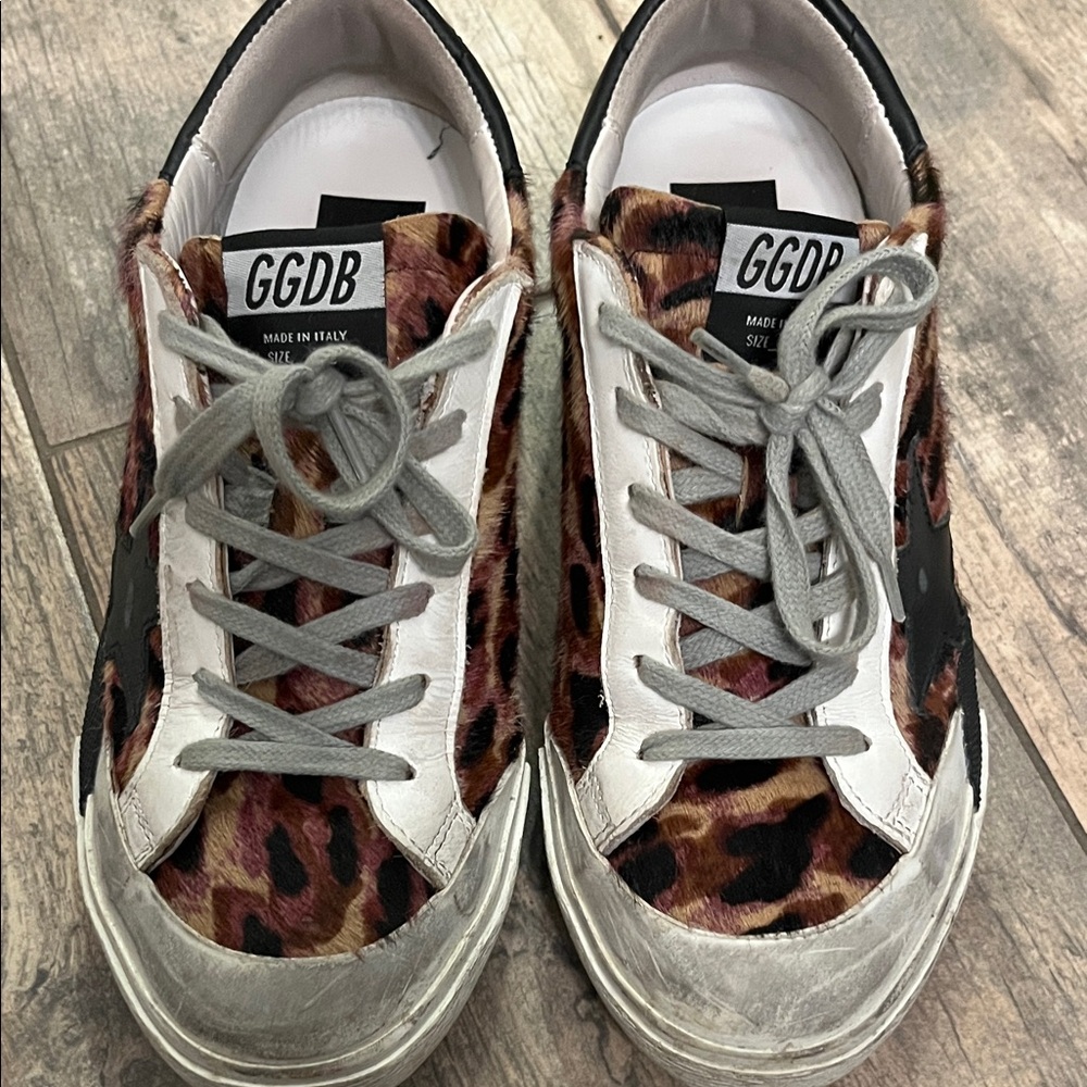 Golden Goose Leopard Print Sneakers with Black and White Accents